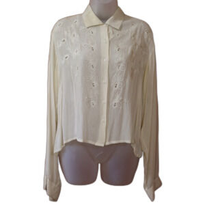 Vintage French Connection Cream Eyelet Embroidered Button Down Blouse Medium